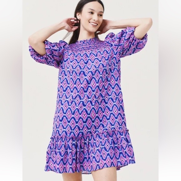 Banjanan Dresses & Skirts - Banjanan Women’s Nicole Abstract Print Cotton Shirt Purple Puff Sleeve S…